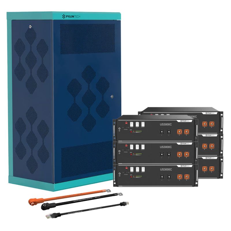 Pylontech 6x US3000D LiFePO4 Batterie 21kWh mit Wechselrichtet-Anschlusskabelset und Batterieschrank