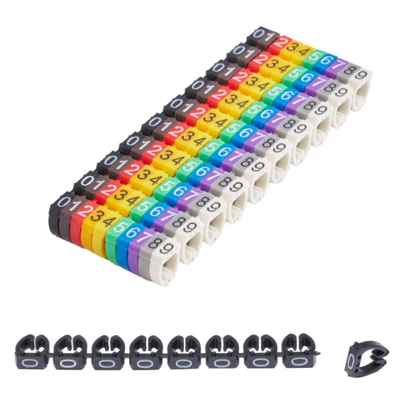 Offgridtec Kabelmarker Clips 0–9, 100 Stück, für 6 mm² Kabel, je 10x Zahl
