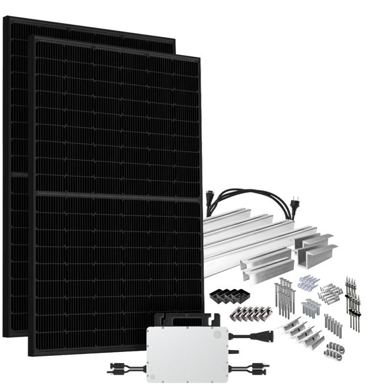 Offgridtec® Solar-Direct 900W HMS-800-2WB Balkonkraftwerk Bifazial Full Black Schukosteckdose - 10m - Montageset Stockschrauben