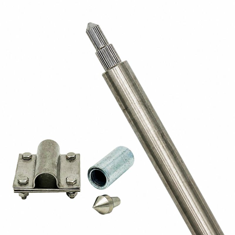 Offgridtec Tiefenerder V4A Set 1,5 m Ø20 mm – Erdungsspieß Edelstahl mit Einschlagspitze, Kreuzerder-Klemme & Schutzadapter