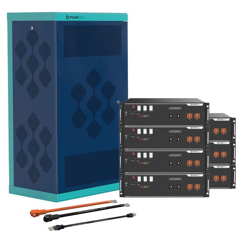 Pylontech 7x US3000D LiFePO4 Batterie 24,5kWh mit Wechselrichter-Anschlusskabelset und Batterieschrank