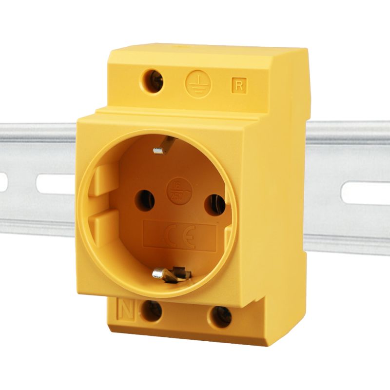 Schuko Steckdose für Hutschiene in Gelb 16A 230V 2P+E für 35mm DIN Trägerschienenmontage