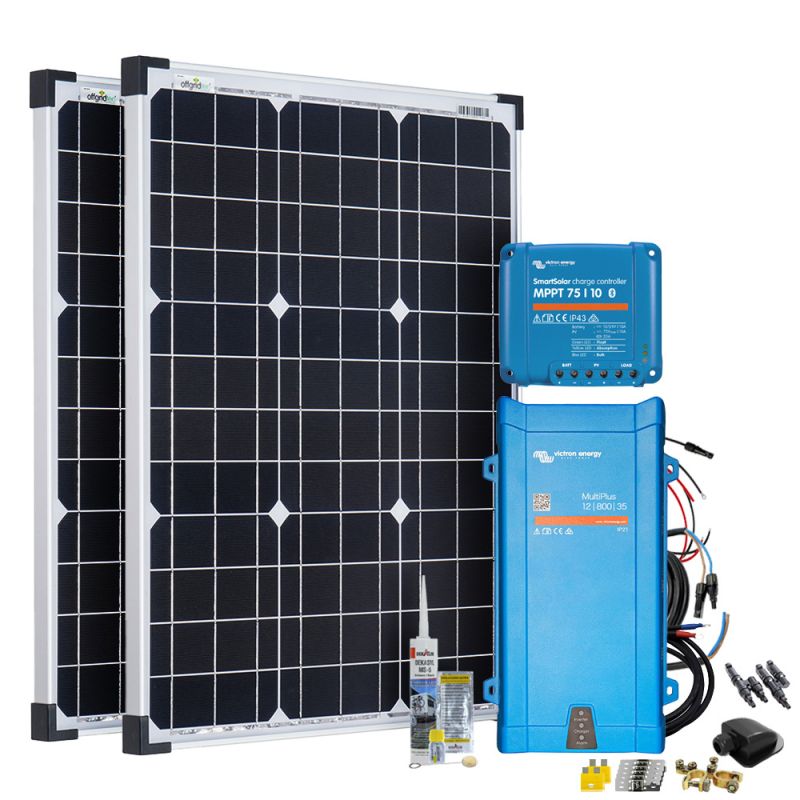 Offgridtec Mobil VeCore S 100W Wohnmobil Solaranlage inkl. MultiPlus12/800/35 Wechselrichter und Laderegler - schwarz