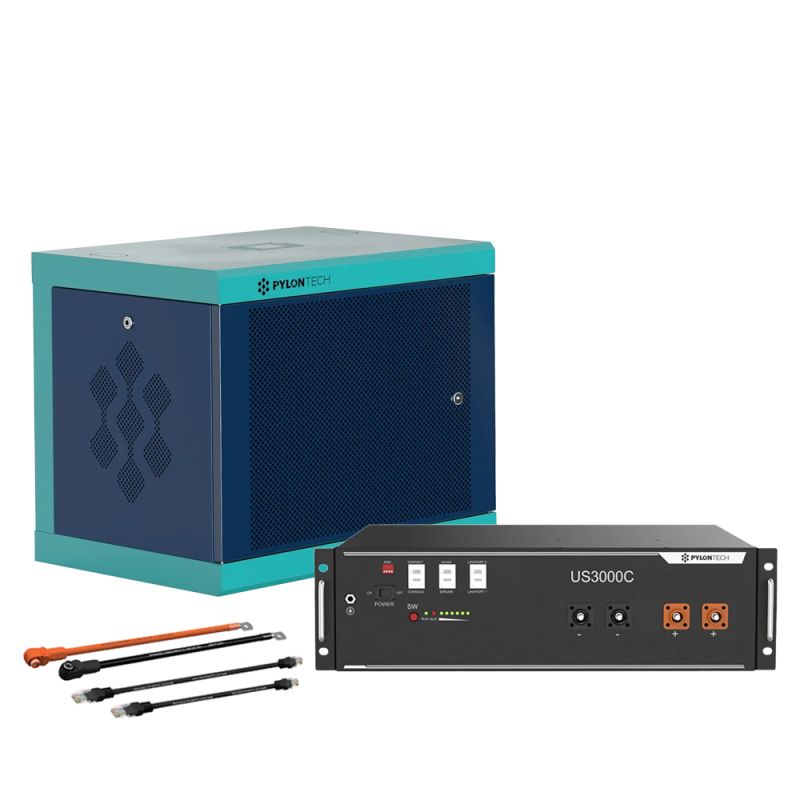 Pylontech 1x US3000D LiFePO4 Batterie 3,5kWh mit Wechselrichter-Anschlusskabelset und Batterieschrank