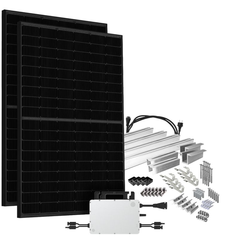 Offgridtec® Solar-Direct 900W HMS-800-2WB Balkonkraftwerk Bifazial Full Black Schukosteckdose - 5m - Montageset Biberschwanz