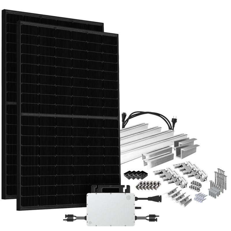 Offgridtec® Solar-Direct 900W HMS-800-2WB Balkonkraftwerk Bifazial Full Black Schukosteckdose - 15m - Montageset Ziegeldach