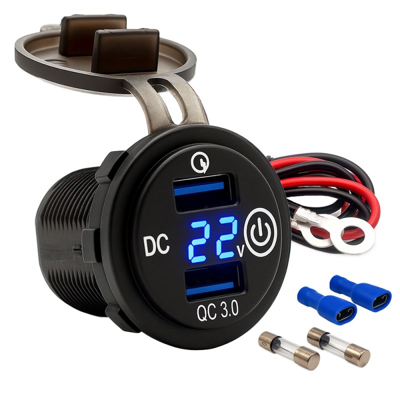 Offgridtec USB-Doppelsteckdose 12V/24V 2x 18W Kfz-Ladeadapter mit Spannungsanzeige und Abdeckung