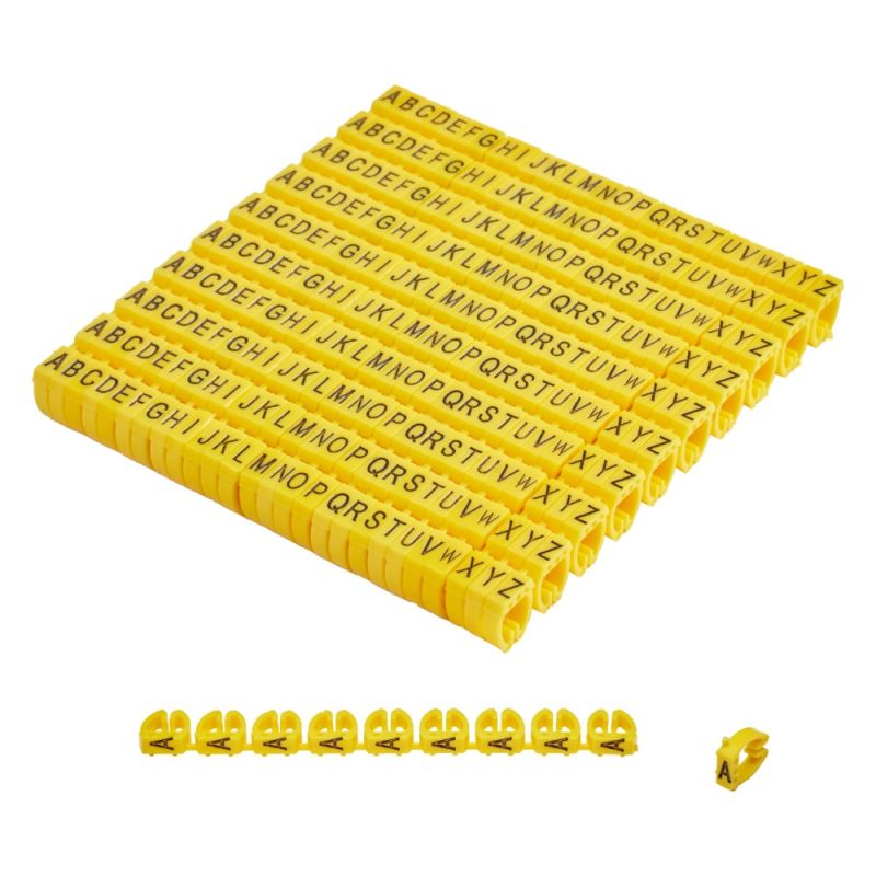 Offgridtec Kabelmarker Clips A–Z, 260 Stück, für 4 mm² Kabel, je 10x Buchstaben, gelb