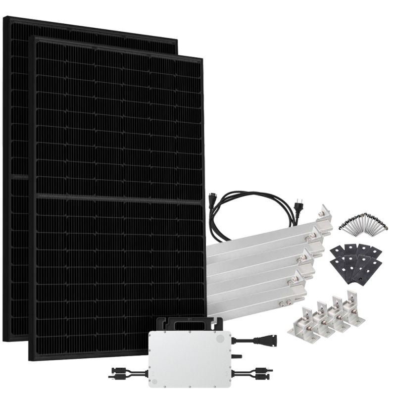 Offgridtec® Solar-Direct 900W HMS-800-2WB Balkonkraftwerk Bifazial Full Black Schukosteckdose - 15m - Montageset für Flachdach