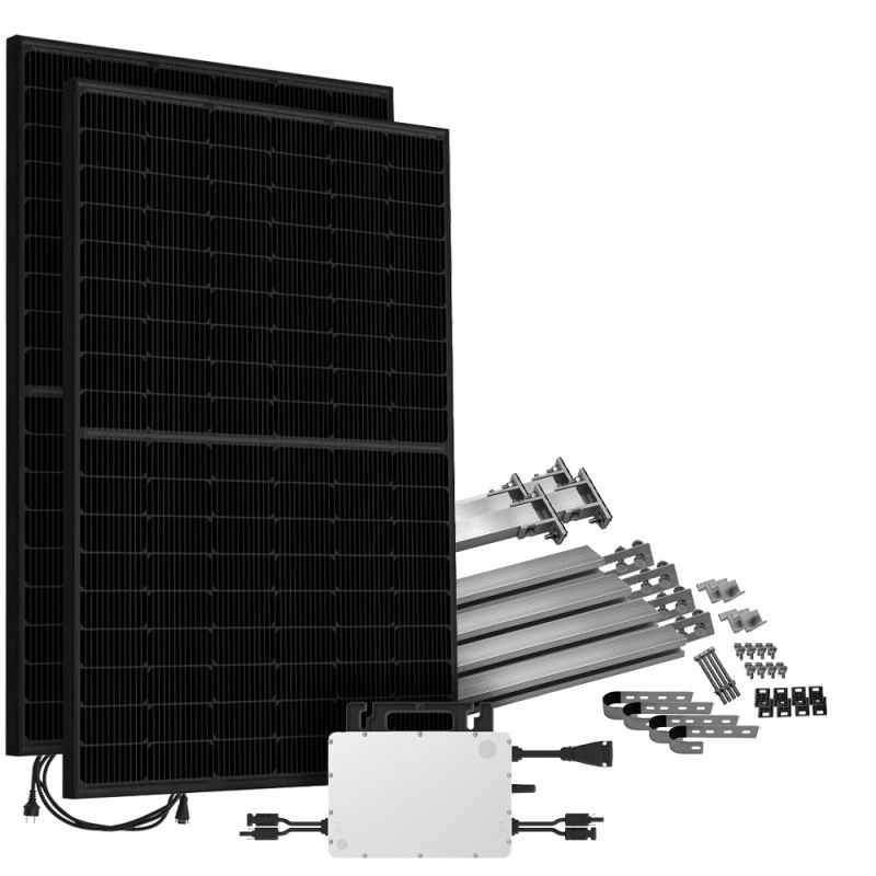 Offgridtec® Solar-Direct 900W HMS-800-2WB Balkonkraftwerk Bifazial Full Black Schukosteckdose - 15m - Montageset für Balkongeländer