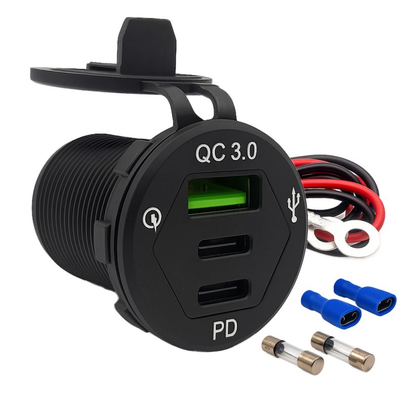 Offgridtec USB-Dreifachsteckdose 12V/24V 2x 18W USB-C und 1x 18W USB-A KFZ-Schnellladeadapter mit Abdeckung