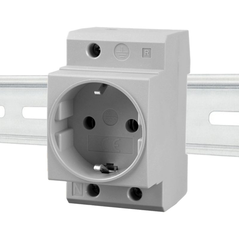 Schuko Steckdose für Hutschiene in Grau 16A 230V 2P+E für 35mm DIN Trägerschienenmontage